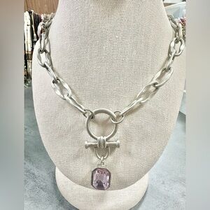 Tommassini Sliver Tone Link Chain With Purple Crystal Pendant Statement Necklace